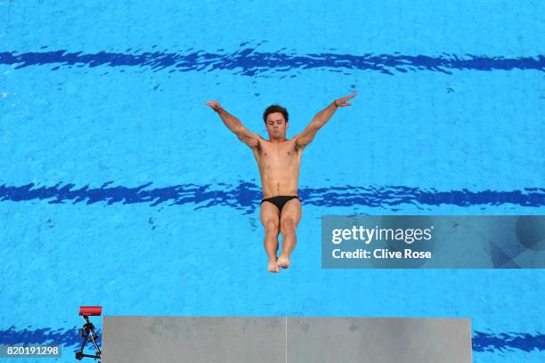 Tom Daley of Great Britain competes during the competes during the Men's Diving 10m Platform, semi final on day eight of the Budapest 2017 FINA World...