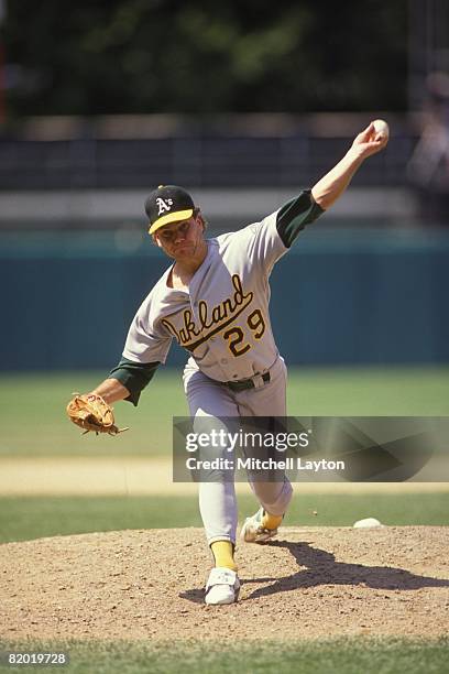 Curt Young of the Oakland Athletics pitches during a baseball game against the Baltimore Orioles on June 1, 1989 at Memorial Stadium in Baltimore,...