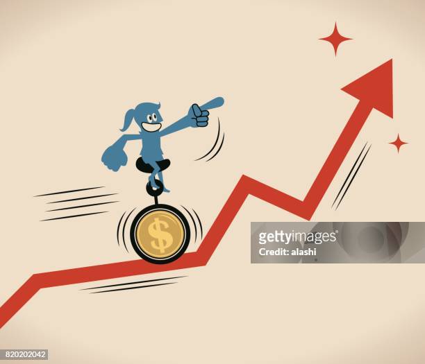 businesswoman (woman, girl) riding unicycle (unicycling) with dollar tire on uprising red arrow, pointing at the goal by index finger - bike hand signals stock illustrations