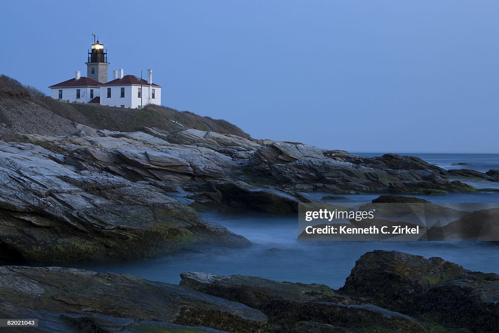 Lighthouse at Beavertail State Park, Jamestown, RI, at dusk.