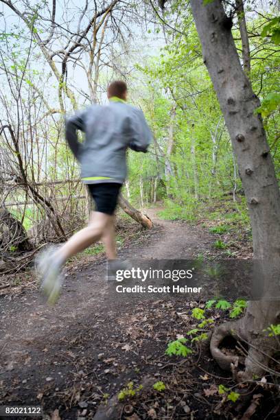 man running through trees. - scott wood stock pictures, royalty-free photos & images