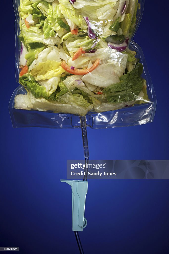 Close up of salad in an IV bag