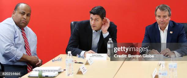 Speaker of the House Paul Ryan, center, is pictured during a roundtable discussion with business and civics leaders before his tour of the New...