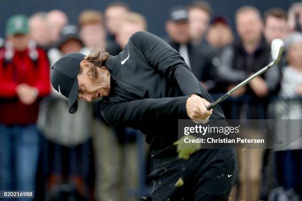 Tommy Fleetwood of England tees off on the 4th hole during the second round of the 146th Open Championship at Royal Birkdale on July 21, 2017 in...