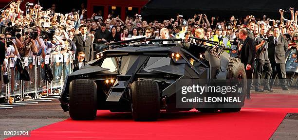 The new batmobile arrives at the European premiere of the latest film in the Batman superhero film franchise, "The Dark Knight", directed by...