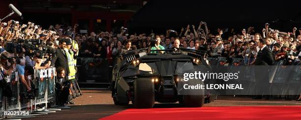 The new batmobile arrives at the European premiere of the latest film in the Batman superhero film franchise, "The Dark Knight", directed by...