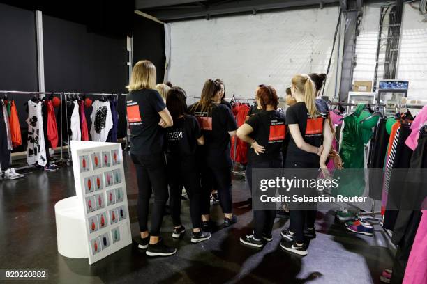 General view backstage ahead of the Studio Rundholz show during Platform Fashion July 2017 at Areal Boehler on July 21, 2017 in Duesseldorf, Germany.