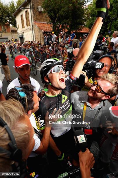 Stage winner Edvald Boasson Hagen of Norway riding for Team Dimension Data celebrates after stage nineteen of the 2017 Tour de France, a 222.5km...
