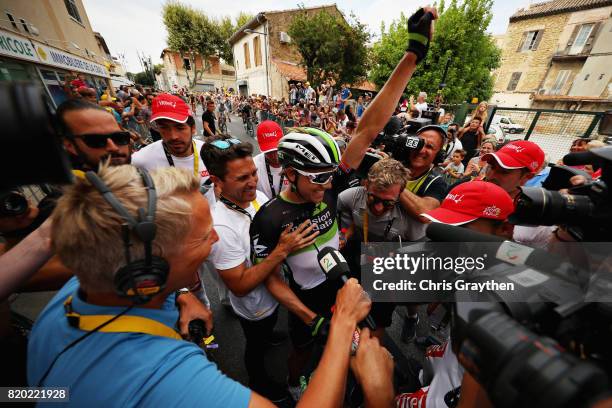 Stage winner Edvald Boasson Hagen of Norway riding for Team Dimension Data celebrates after stage nineteen of the 2017 Tour de France, a 222.5km...