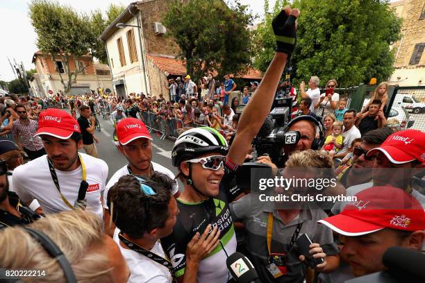 Stage winner Edvald Boasson Hagen of Norway riding for Team Dimension Data celebrates after stage nineteen of the 2017 Tour de France, a 222.5km...