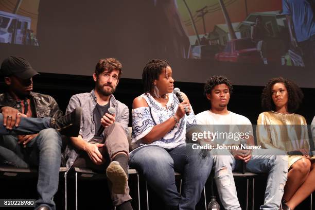 Damson Idris, Carter Hudson, Michael Hyatt, Isaiah John and Angela Lewis attend the "Snowfall" New York Screening at The Schomburg Center for...