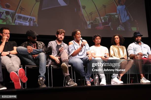 Dave Andron, Damson Idris, Carter Hudson, Michael Hyatt, Isaiah John, Angela Lewis and Amin Joseph attend the "Snowfall" New York Screening at The...