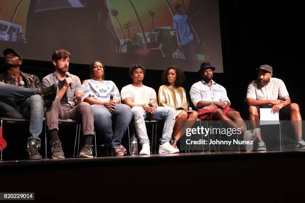 Damson Idris, Carter Hudson, Michael Hyatt, Isaiah John, Angela Lewis, Amin Joseph and Ebro Darden attend the "Snowfall" New York Screening at The...