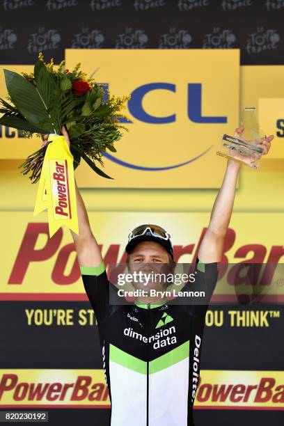 Stage winner Edvald Boasson Hagen of Norway riding for Team Dimension Data celebrates on the podium after stage nineteen of the 2017 Tour de France,...