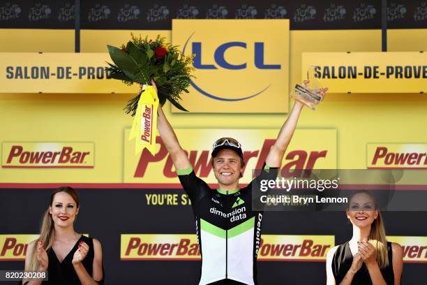 Stage winner Edvald Boasson Hagen of Norway riding for Team Dimension Data celebrates on the podium after stage nineteen of the 2017 Tour de France,...