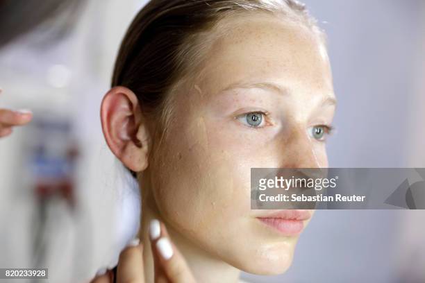 Model is seen backstage ahead of the Studio Rundholz show during Platform Fashion July 2017 at Areal Boehler on July 21, 2017 in Duesseldorf, Germany.