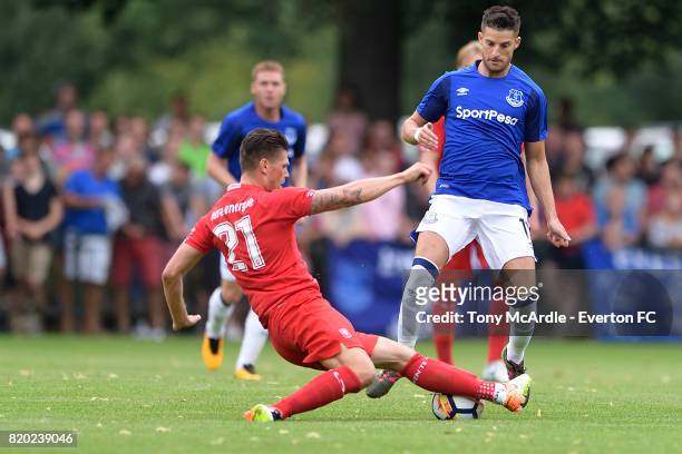 Kevin Mirallas of Everton is challenged for the ball during the pre-season friendly match between FC Twente and Everton FC on July 19, 2017 in De...