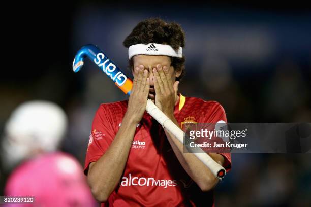 Enrique Gonzalez of Spain is dejected after missing a penalty in the penalty shoot out during the semi-final match between Spain and Germany on Day 7...