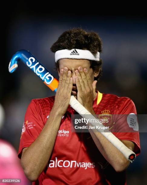 Enrique Gonzalez of Spain is dejected after missing a penalty in the penalty shoot out during the semi-final match between Spain and Germany on Day 7...