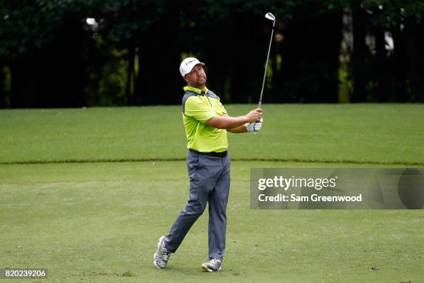 Chad Collins of the United States plays a shot on the 15th hole during the second round of the Barbasol Championship at the Robert Trent Jones Golf...
