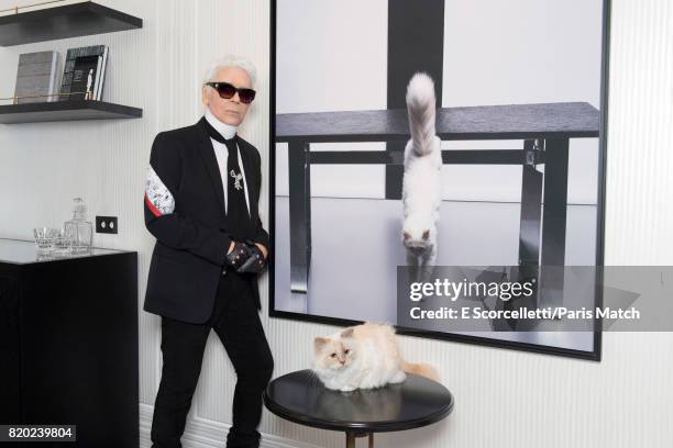 Fashion designer Karl Lagerfeld is photographed at the Crillon hotel for Paris Match on June 14, 2017 in Paris, France.