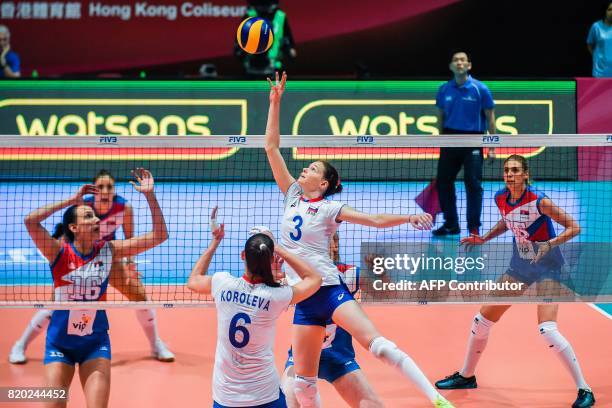 Russia's player Irina Filishtinskaia controls the ball during the Women's Volleyball World Grand Prix match between Russia and Serbia in Hong Kong on...