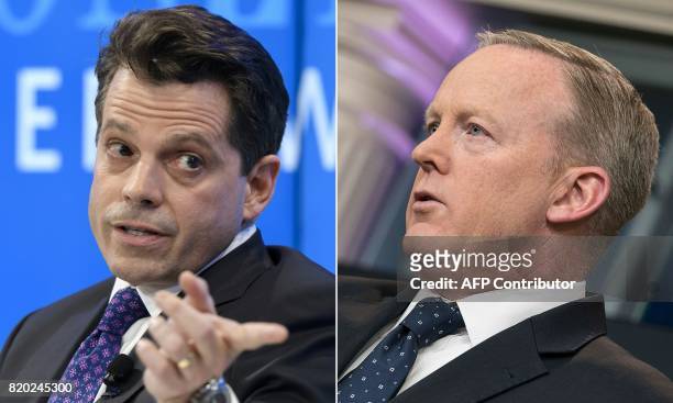 This combination of file pictures created on July 21, 2017 shows former assistant to US President Donald Trump Anthony Scaramucci attending a meeting...