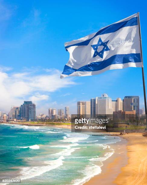 tel aviv coastline with israel flag, israel - israel city stock pictures, royalty-free photos & images
