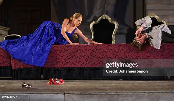 Peter Simonischek , 'Everyman', and Sophie von Kessel, 'Paramour' performs on stage during the rehearsal of 'Jedermann' 'Everyman' of Hugo von...