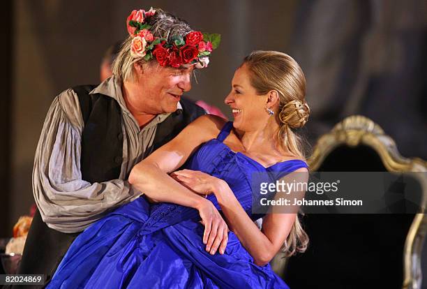 Peter Simonischek , 'Everyman', and Sophie von Kessel, 'Paramour' performs on stage during the rehearsal of 'Jedermann' 'Everyman' of Hugo von...