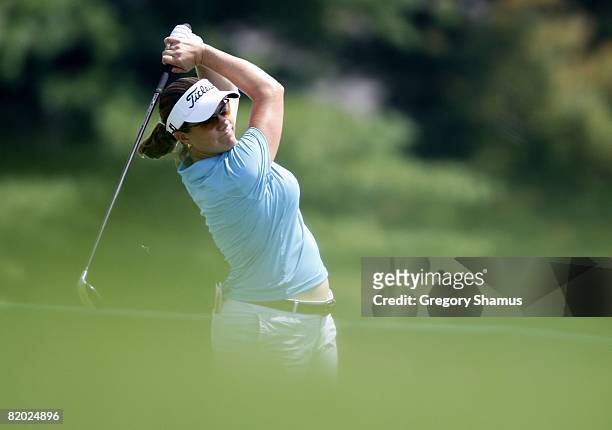 Eathorne from Canada watch her tee shot on the 17th hole during the first round of the State Farm Classic at Panther Creek Country Club on July 17,...