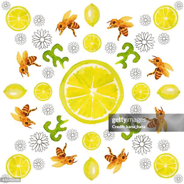 honey bee and lemon seamless pattern - bee pattern stock pictures, royalty-free photos & images