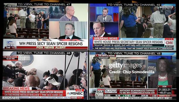 Four cable news networks are simultaneously displayed on a television in the White House press office after news that Press Secretary Sean Spicer has...