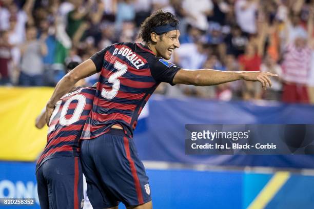 Omar Gonzalez of United States celebrates his goal with teammate Paul Arriola of United States during the CONCACAF Gold Cup Match between U.S Men's...