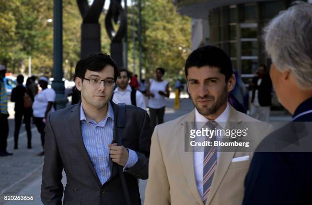 Martin Shkreli, former chief executive officer of Turing Pharmaceuticals AG, left exits federal court in the Brooklyn borough of New York, U.S., on...