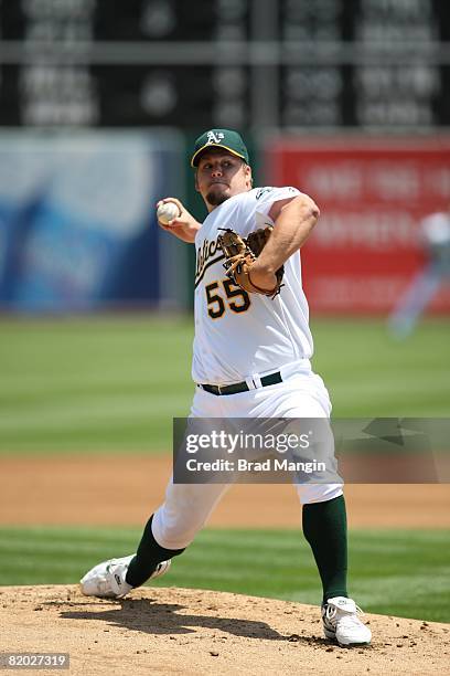 Joe Blanton of the Oakland Athletics pitches during the game against the Boston Red Sox at the McAfee Coliseum in Oakland, California on May 25,...