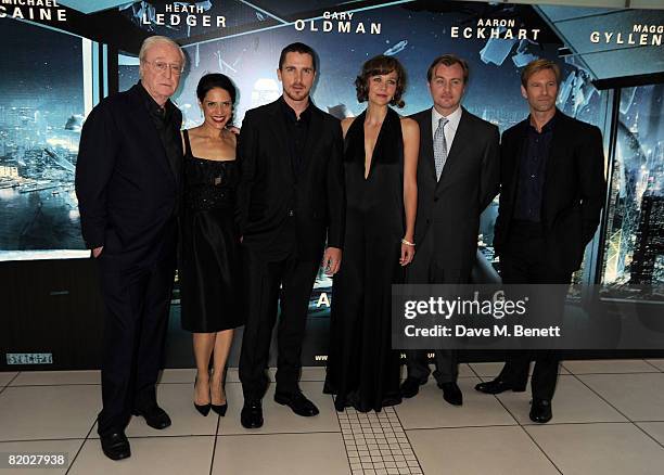 Michael Caine, Christian Bale, Maggie Gyllenhaal, Christopher Nolan and Aaron Eckhart arrive at the European film premiere of 'The Dark Knight', at...