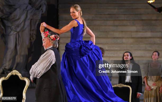 Peter Simonischek , 'Everyman', and Sophie von Kessel, 'Paramour' perform on stage during the rehearsal of 'Jedermann' 'Everyman' of Hugo von...