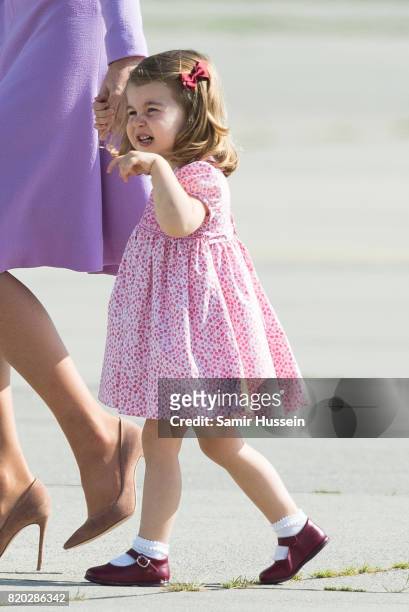 Princess Charlotte of Cambridge departs from Hamburg airport on the last day of their official visit to Poland and Germany on July 21, 2017 in...
