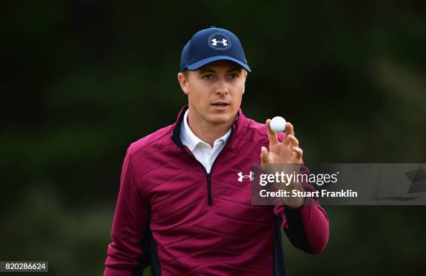 Jordan Spieth of the United States celebrates a birdie on the 12th hole during the second round of the 146th Open Championship at Royal Birkdale on...