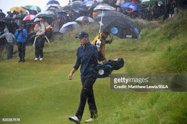 Jordan Spieth of the United States chips in for par on the 10th hole during the second round of the 146th Open Championship at Royal Birkdale on July...