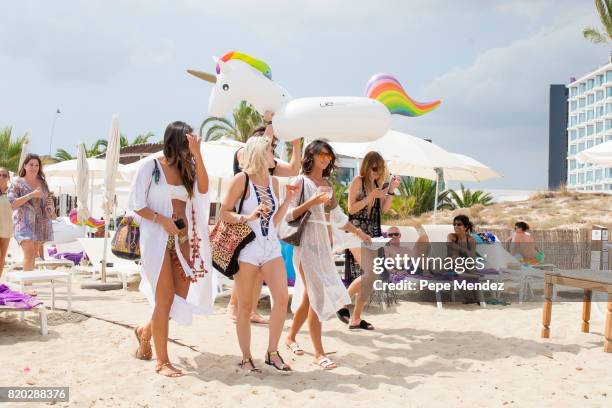 Lucy Mecklenburgh and Ashley Louise James are seen at Hard Rock Hotel Ibiza at the presentation of the Global Gift Beach Party on July 21, 2017 in...