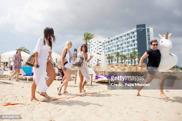 Lucy Mecklenburgh and Ashley Louise James are seen at Hard Rock Hotel Ibiza at the presentation of the Global Gift Beach Party on July 21, 2017 in...