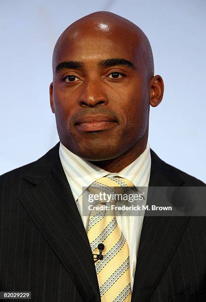 Studio analyst Tiki Barber of "Sunday Night Football" speaks during the NBC Universal portion of the Television Critics Association Press Tour held...