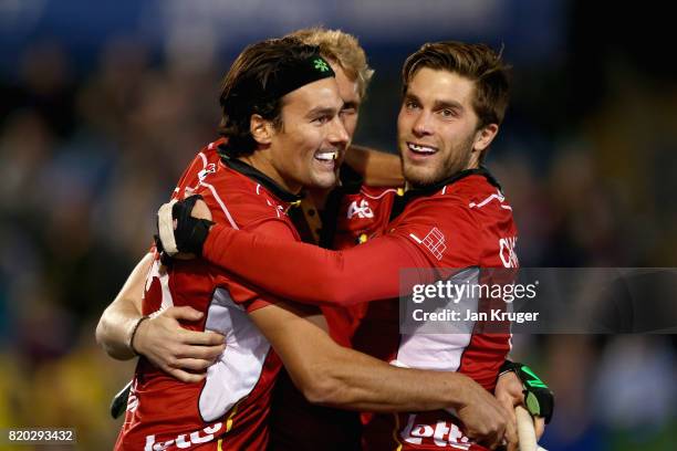 Simon Gougnard of Belgium celebrates scoring his sides second goal with his team mates during the semi-final match between Australia and Belgium on...