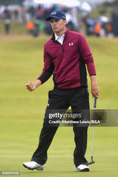 Jordan Spieth of the United States celebrates his eagle on the 15th hole during the second round of the 146th Open Championship at Royal Birkdale on...