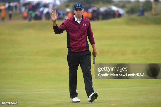 Jordan Spieth of the United States celebrates his eagle on the 15th hole during the second round of the 146th Open Championship at Royal Birkdale on...