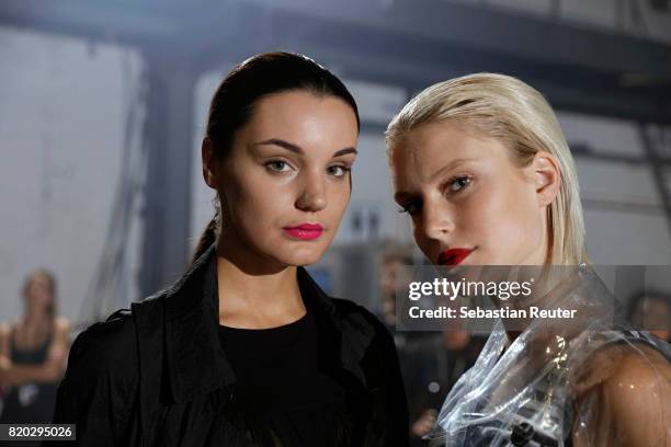 Kim Hnizdo and a model are seen backstage during the Studio Rundholz show during Platform Fashion July 2017 at Areal Boehler on July 21, 2017 in...