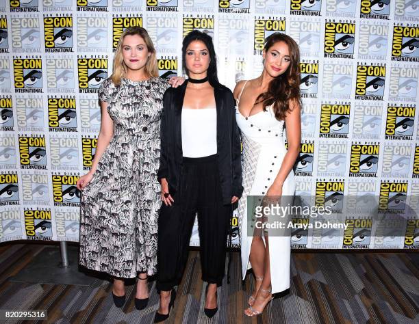 Eliza Taylor, Marie Avgeropoulos and Lindsey Morgan attend The 100 press conference at Comic-Con International 2017 on July 21, 2017 in San Diego,...