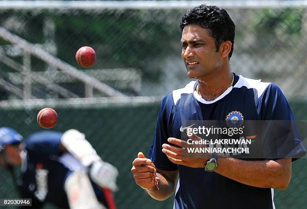 Indian cricket captain Anil Kumble prepares to bowl during a practice session at the Sinhalese Sports Club Ground in Colombo on July 22, 2008. The...